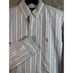 Ralph Lauren Mens Casual Classic Fit Blue White Pink Stripe Shirt - Medium